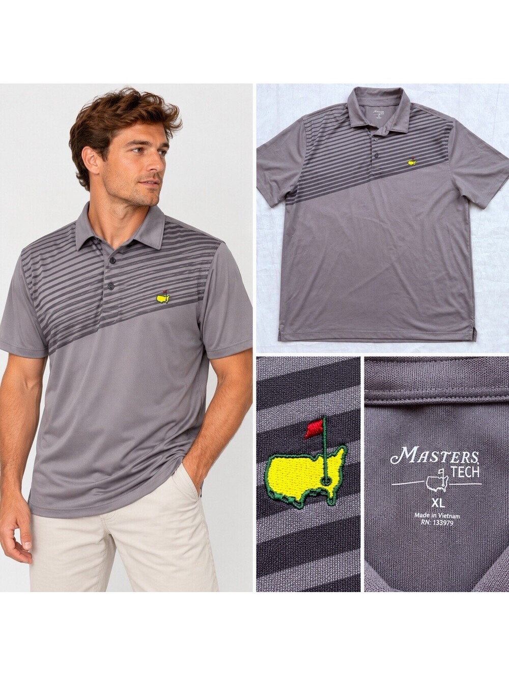 Masters Tech Golf Polo Men’s XL Gray Striped Augusta National Performance Shirt